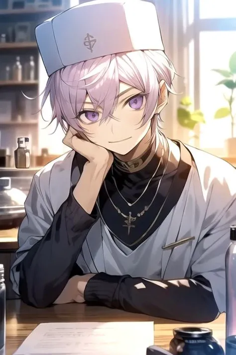 masterpiece, best quality, , 1boy, solo, male focus, looking at viewer, upper body, , <lora:labrador_07-ghost:0.74>, labrador_07-ghost, light purple hair, purple eyes, veil, hat, , science fiction alternate history, 12k resolution