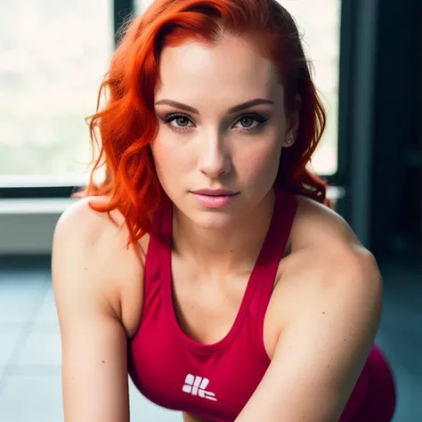 RAW photo, woman wearing workout clothing, heavy makeup, red hair, slim body, at home, shallow depth of field, (high detailed skin:1.2), 8k uhd, dslr, soft lighting, high quality, film grain, 20mp, Fujifilm XT3, 80mm, hasselblad, Caoimhe_LastName, <lora:epiNoiseoffset_v2:1>