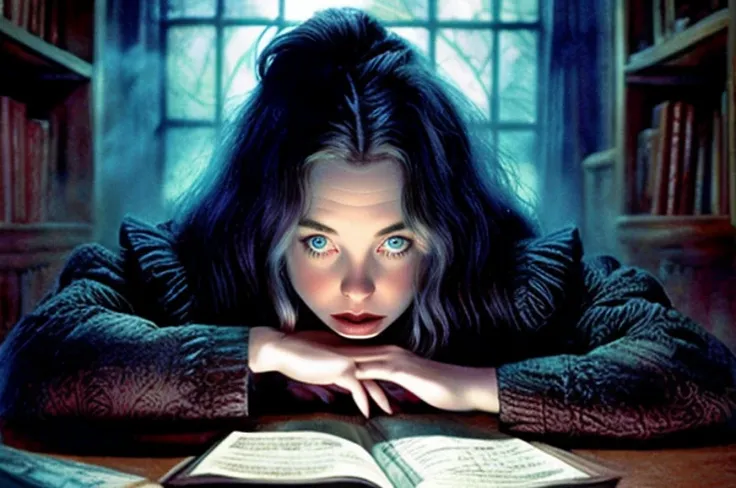 dvd screengrab of a live action 80sdarkfantasysd15b film starring (caoimhelastnamesd15), BREAK (style-swirlmagic:1.0), solo, upper body, looking at viewer, detailed background, detailed face, intricate details, (<lora:GlowingRunesAIv4:0.6>, GlowingRunesAI_paleblue, glowing runes theme:1.1) scribe sitting at desk, simple clothes, writing, concentrating, surrounded by books, maps, notes, scrolls, glowing magical symbols, magic texts, ledger, formulas, floating magical symbols, intelligence, archive in background, filtered light, mysterious atmosphere, BREAK <lora:neg4all_bdsqlsz_V3.5:1><lora:detailed_eye:0.5> <lora:Mild detail adjusterV10_4:1>