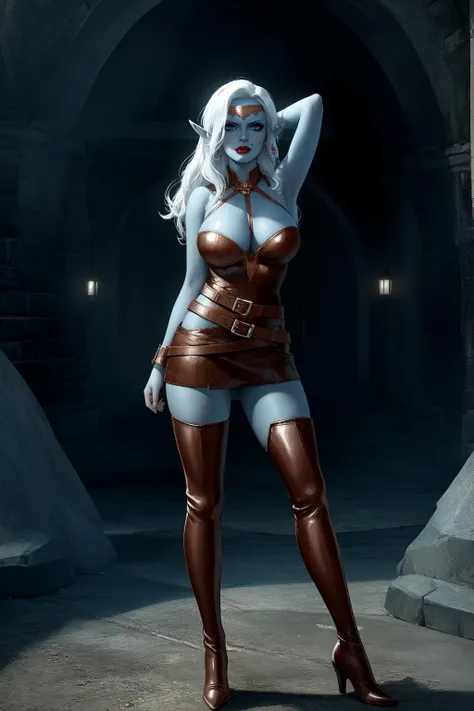 (high quality:1.1), cinematic lighting, extremely detailed,
Viconia, drow, elf, pointy ears, grey skin, blue skin, standing, (arms behind head:1.1), armpits, full body,
determined, looking at viewer,
white hair, long hair, mole above mouth, lipstick, makeup, blue eyes, eyeshadow, diadem, earrings, jewelry,
(leather armor:1.1), belt, thigh boots,
large breasts, cleavage, bare shoulders,
cave, underdark, glowing gems, stones,
<lora:Viconia:0.9>