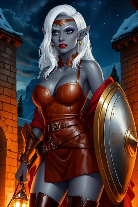 (high quality:1.1), cinematic lighting, extremely detailed,
Viconia, drow, elf, pointy ears, grey skin, standing, (holding mace:1.1), (holding shield:1.1), cowboy shot,
determined,
white hair, long hair, mole above mouth, lipstick, makeup, blue eyes, eyeshadow, diadem, earrings, jewelry,
leather armor, belt, high heel boots,
large breasts, cleavage, bare shoulders,
night, starry sky, cliff,
 <lora:Viconia:1>