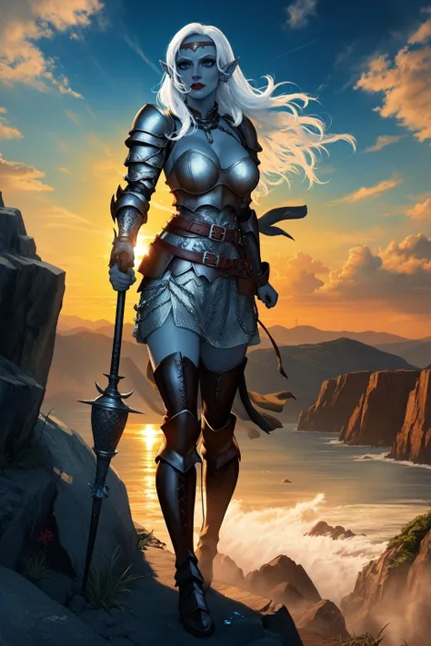 (high quality:1.1), cinematic lighting, extremely detailed,
Viconia, drow, elf, pointy ears, grey skin, blue skin, standing, own hands together, (hands on hilt:1.2), (holding mace:1.1), planted, full body,
calm, wind,
white hair, long hair, mole above mouth, lipstick, makeup, blue eyes, eyeshadow, diadem, earrings, jewelry,
dark plate armor, chainmail, breastplate, gauntlets, belt, armored boots, thigh boots,
large breasts, cleavage,
on top of cliff, sunset, cold, sky, outdoors,
<lora:Viconia:0.9>