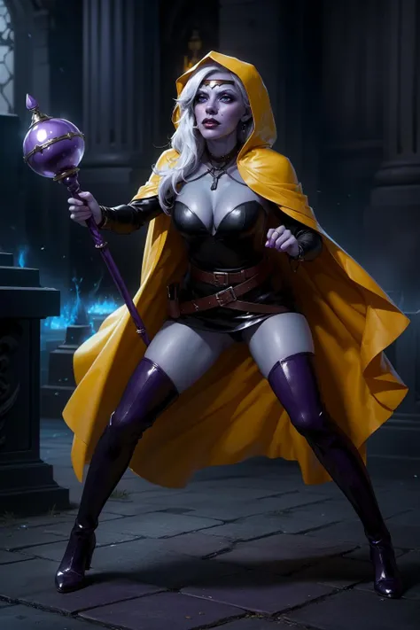 (high quality:1.1), cinematic lighting, extremely detailed,
Viconia, drow, elf, pointy ears, grey skin, blue skin, fighting stance, full body, (casting purple spell:1.3), (holding dark mace:1.1),
agressive, clenched teeth, 
white hair, long hair, mole above mouth, lipstick, makeup, blue eyes, eyeshadow, diadem, earrings, jewelry,
(yellow:1.2) (hood:1.1), cape, (leather armor:1.1), belt, thigh boots,
large breasts, cleavage, 
(black temple, dark theme, dark aura:1.2), indoors,
 <lora:Viconia:0.9>