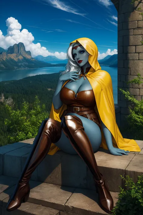 (high quality:1.1), cinematic lighting, extremely detailed,
Viconia, drow, elf, pointy ears, (grey skin:0.8), blue skin, sitting on castle wall, looking at another, full body, 
determined, looking at viewer, 
white hair, long hair, mole above mouth, lipstick, makeup, blue eyes, eyeshadow, diadem, earrings, jewelry,
yellow (hood:1.1), cape, (leather armor:1.1), belt, thigh boots,
large breasts, cleavage, 
walls, cliffs, mountains, clouds, sky,
 <lora:Viconia:0.9>