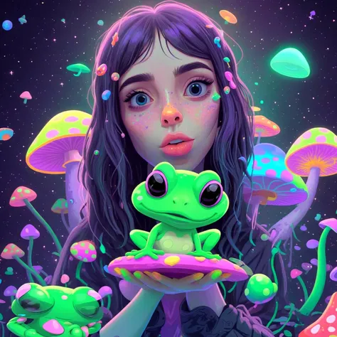 portrait cartoon 1girl 25yo kissing a frog, mushrooms,2d, neon colors, universe,in style of(bangerooo:1.15), low detail,