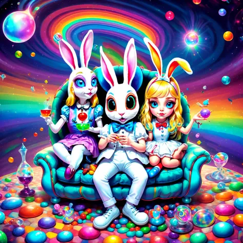 close up portrait, (alice:1.2) in wonderland and the white rabbit, stoned on a sofa, candy on the floor, universe background, psychedelic rainbow, crazy eye,in style of(bangerooo:1.15), 2d,