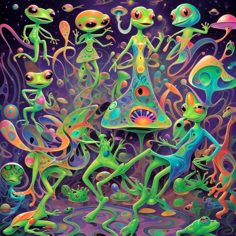Aliens, a daring girl, and frogs indulge in mind-altering substances, creating avant-garde art with each hallucinogenic stroke. Reality twists into abstract patterns, and frogs emanate psychedelic colors. The group becomes living art, exploring the boundaries of imagination and creativity in a world of surreal proportions.,in style of(bangerooo:1.15), ,