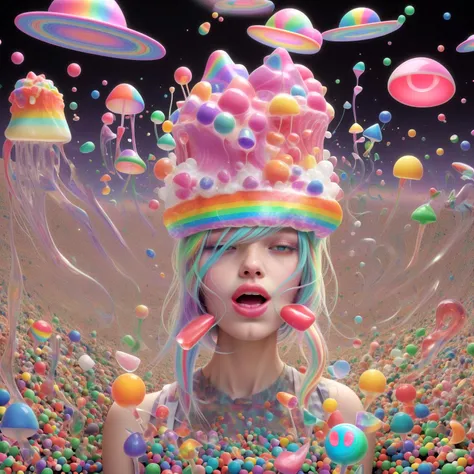 The girl's (tongue:1.25) becomes a living rainbow as she balances a (sugar cube:1.2) on it. With each movement, she creates LSD-inspired worlds where (aliens:0.75) and (frogs:0.75) revel in a riot of colors and shapes.,in style of(bangerooo:1.15), ,