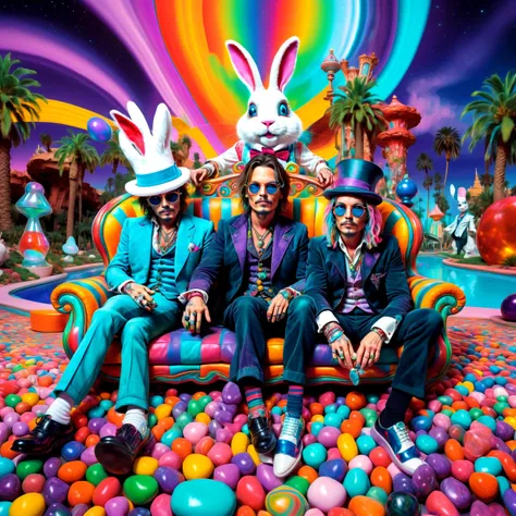 close up portrait,  (jonny depp:1.2) with his lawyer in wonderland and the white rabbit, stoned on a sofa in front of the belagio casino in las vegas, candy on the floor, universe background, psychedelic rainbow, crazy eye,in style of(bangerooo:1.15), 2d,