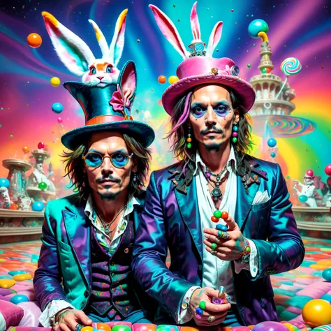 close up portrait, (jonny depp:1.2) with his lawyer in wonderland and the white rabbit, stoned on a sofa in front of the belagio casino in las vegas, candy on the floor, universe background, psychedelic rainbow, crazy eye,in style of(bangerooo:1.15), 2d,