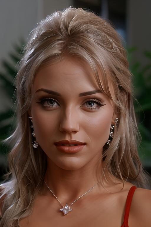A close up of a woman wearing a red dress and a necklace - SeaArt AI