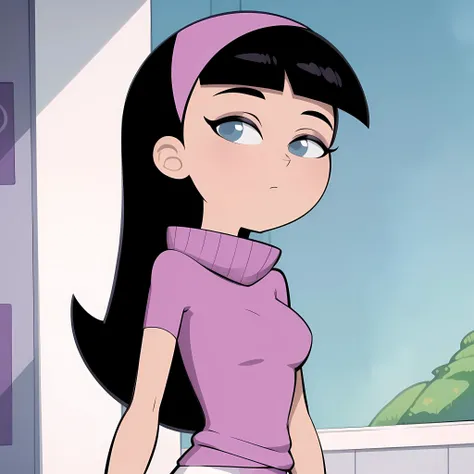 pov, isabella, sitting, looking away, inside a train, pink tight dress, pink ribbon, black hair, white short sleeves, belt, blue eyes, dick flash, penis, foreskin, blushing, from above, close