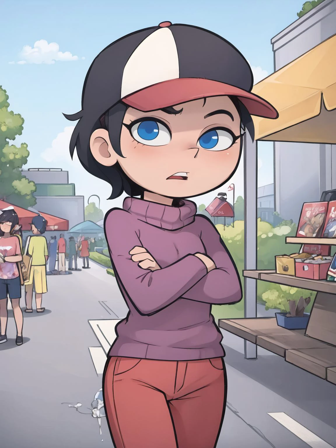 masterpiece, best quality, solo focus, mall, ADDCOMM
crowd in background, ADDCOL,
hunched over, androgynous, scared, crossed arms, sneaky, cowboy shot, (short hair,:1.3), hair up, black hair, blue eyes, walking,
trixie tang, red baseball cap, dark purple sweater, striped sweater, long sleeves, red pants, pink eyeshadow, smooth hair,
ADDCOL
crowd in background
<lora:TrixieTang1-v2:0.7>