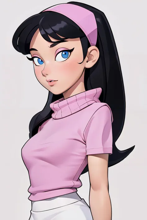masterpiece, best quality,3d rending work ,3DMM style <lora:3DMM_V11:0.8>,close-up,portrait, 3D,1girl, solo, realistic, upper body, simple background, <lora:koreandolllikenessV20_v20:0.5>, trixie tang <lora:TrixieTang1:0.7>, headband, long black hair, white miniskirt, (pink turtleneck), blue eyes, pink eyeshadow, smooth hair,