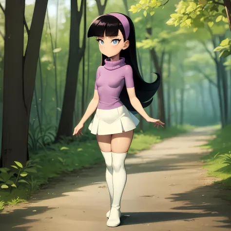 ((masterpiece, best quality)), 1girl, solo, full body, trixie tang, headband, black hair, white skirt, pink turtleneck, white thigh boots,  <lora:TrixieTang1-v2:0.6>, walking, forest,