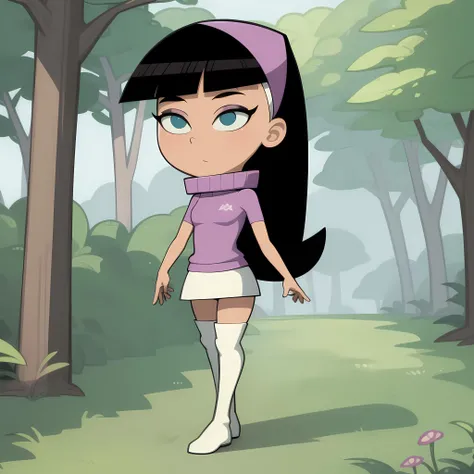 ((masterpiece, best quality)), 1girl, solo, full body, trixie tang, headband, black hair, white miniskirt, pink turtleneck, white thigh boots, eyeshadow, <lora:TrixieTang1-v2:0.8>, walking, forest,