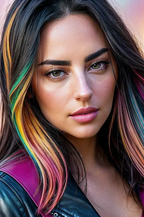 beautiful woman (S4ndyF4r4h:.99), beautiful hair, ((portrait)), (closeup:1.2), ((from the waist up)), (( colorful, abstract background :1.2)) , natural skin texture, (( Leather jacket :1.2)), 24mm, 4k textures, soft cinematic light, adobe lightroom, photolab, hdr, intricate, elegant, highly detailed, sharp focus, ((((cinematic look)))), soothing tones, insane details, intricate details, hyperdetailed, low contrast, soft cinematic light, exposure blend, hdr, faded, now, ("I've got a bad feeling about this.":1.1)