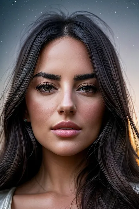 beautiful woman (S4ndyF4r4h:.99), beautiful hair, ((portrait)), (closeup:1.2), ((from the waist up)), (( outside, night sky, clear sky :1.2)) , natural skin texture, (( Dress with a Portrait Back :1.2)), 24mm, 4k textures, soft cinematic light, adobe lightroom, photolab, hdr, intricate, elegant, highly detailed, sharp focus, ((((cinematic look)))), soothing tones, insane details, intricate details, hyperdetailed, low contrast, soft cinematic light, exposure blend, hdr, faded, now, ("I've got a bad feeling about this.":1.1)