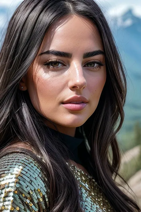 beautiful woman (S4ndyF4r4h:.99), beautiful hair, ((portrait)), (closeup:1.2), ((from the waist up)), (( fantastic scenery, outdoors, mountain :1.2)) , natural skin texture, (( Dress with a Sequin Belt :1.2)), 24mm, 4k textures, soft cinematic light, adobe lightroom, photolab, hdr, intricate, elegant, highly detailed, sharp focus, ((((cinematic look)))), soothing tones, insane details, intricate details, hyperdetailed, low contrast, soft cinematic light, exposure blend, hdr, faded, now, ("I've got a bad feeling about this.":1.1)