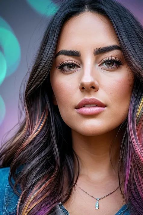 beautiful woman (S4ndyF4r4h:.99), beautiful hair, ((portrait)), (closeup:1.2), ((from the waist up)), (( colorful, abstract background :1.2)) , natural skin texture, (( Tunic dress with bootcut trousers :1.2)), 24mm, 4k textures, soft cinematic light, adobe lightroom, photolab, hdr, intricate, elegant, highly detailed, sharp focus, ((((cinematic look)))), soothing tones, insane details, intricate details, hyperdetailed, low contrast, soft cinematic light, exposure blend, hdr, faded, now, ("I've got a bad feeling about this.":1.1)