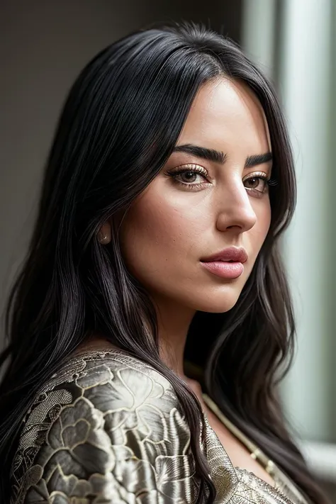 beautiful woman (S4ndyF4r4h:.99), beautiful hair, ((portrait)), (closeup:1.2), ((from the waist up)), (( indoors, otaku room :1.2)) , natural skin texture, (( Brocade Gown :1.2)), 24mm, 4k textures, soft cinematic light, adobe lightroom, photolab, hdr, intricate, elegant, highly detailed, sharp focus, ((((cinematic look)))), soothing tones, insane details, intricate details, hyperdetailed, low contrast, soft cinematic light, exposure blend, hdr, faded, now, ("I've got a bad feeling about this.":1.1)