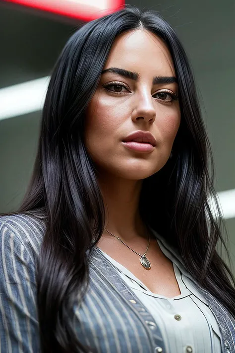 beautiful woman (S4ndyF4r4h:.99), beautiful hair, ((portrait)), (closeup:1.2), ((from the waist up)), (( indoors, convenience store :1.2)) , natural skin texture, (( Blouse and pinstripe trousers :1.2)), 24mm, 4k textures, soft cinematic light, adobe lightroom, photolab, hdr, intricate, elegant, highly detailed, sharp focus, ((((cinematic look)))), soothing tones, insane details, intricate details, hyperdetailed, low contrast, soft cinematic light, exposure blend, hdr, faded, now, ("I've got a bad feeling about this.":1.1)