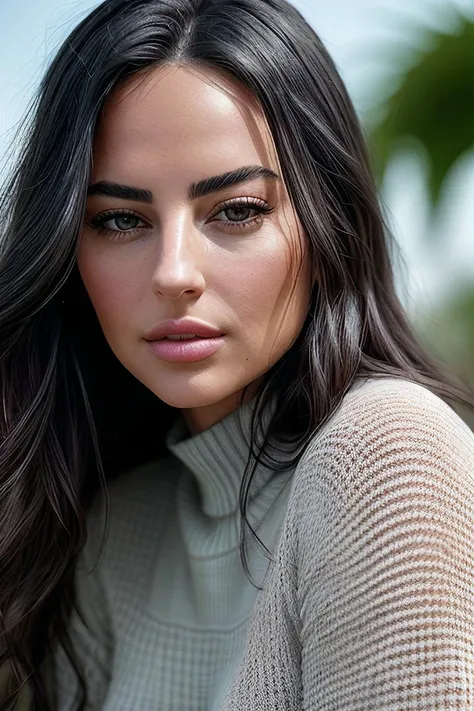 beautiful woman (S4ndyF4r4h:.99), beautiful hair, ((portrait)), (closeup:1.2), ((from the waist up)), (( outside, waterpark[::1] :1.2)) , natural skin texture, (( High-waisted trousers and fitted sweater :1.2)), 24mm, 4k textures, soft cinematic light, adobe lightroom, photolab, hdr, intricate, elegant, highly detailed, sharp focus, ((((cinematic look)))), soothing tones, insane details, intricate details, hyperdetailed, low contrast, soft cinematic light, exposure blend, hdr, faded, now, ("I've got a bad feeling about this.":1.1)