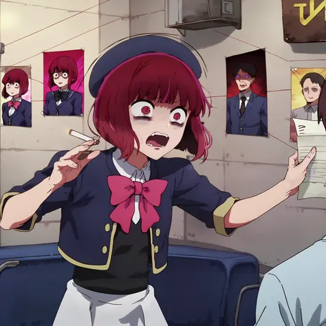 score_9, score_8_up, score_7_up, score_6_up, source_anime, BREAK
masterpiece, best quality, indoors, 1boy, faceless male, 1girl, solo focus, <lora:arimakana:1> arimakana, red hair, short hair, red eyes, bob cut, hat, school uniform, white shirt, blue jacket, pink bow, black corset, white skirt, cropped jacket, crazy eyes, bloodshot eyes, open mouth, bags under eyes, paper, red string, string chart, holding cigarette, smoke trail, bell pepper, poster, <lora:pepe_silvia_v1_pruned:0.8> pepe_silvia, meme, parody