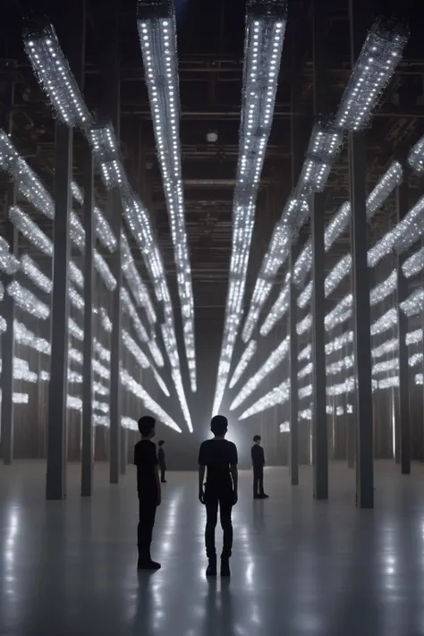<lora:Ryoji Ikeda Style:1>Ryoji Ikeda Style - A meticulously organized warehouse serves as the backdrop for the choreographed dance of robots. Through the precision of the Zeiss lens, their metallic frames and articulated limbs are captured in sharp detail. The lighting design employs a combination of softboxes, accent lights, and strip lights, expertly positioned to create a dynamic atmosphere. The controlled illumination accentuates the robots' movement, casting dramatic shadows that add a sense of urgency and purpose to their every action.