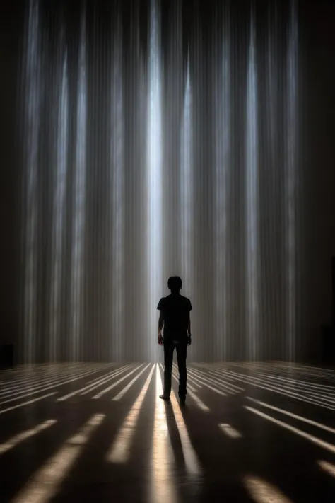 <lora:Ryoji Ikeda Style:1>Ryoji Ikeda Style - In a dark space, a person stands in front of a huge beam of light, surrounded by a wall composed of two rows of vertical light rays, the person is in the middle of the two walls, and the ground is reflected