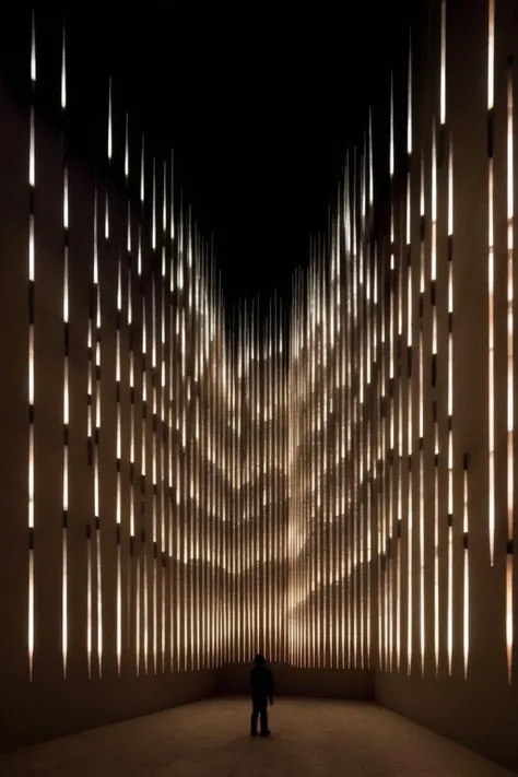 <lora:Ryoji Ikeda Style:1>Ryoji Ikeda Style - Building with walls made of LED bar sticks mounted horizontally on vertical wall, like like a hedgehog's needles. Imagine building made of this needles