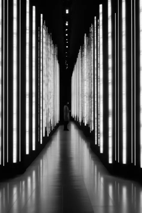 <lora:Ryoji Ikeda Style:1>Ryoji Ikeda Style - A photo taken with a mobile phone, in a light installation inspired by ryoji ikeda, with black and white lights in a rather long corridor, a slightly out of focus photograph.