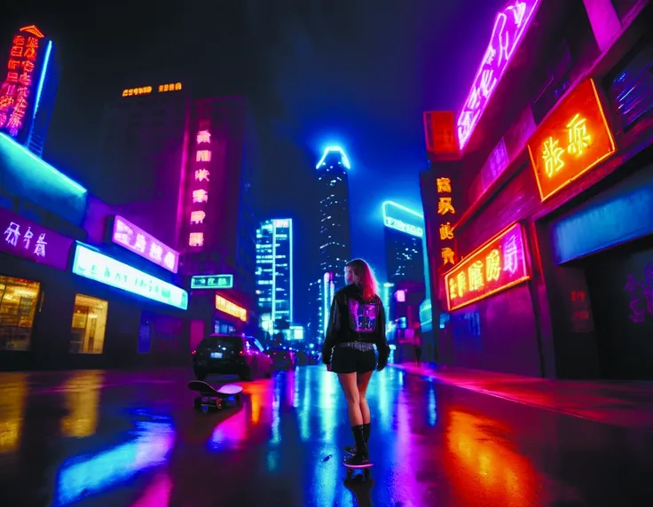 photograph of punk girl skateboarding in the city,chinese neon signs,cyberpunk buildings,wet roads at night reflecting the lights from buildings,studio lighting,cloudy night sky,bright neon colors,4 k,fisheye panorama,digital concept,station <lora:Ryoji Ikeda Style:0.8> <lora:Roger Deakins Style:0.8>