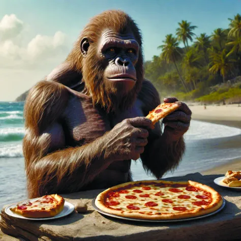 bigfoot smoking weed while eating a pizza at the beach,diffuse lighting,fantasy,intricate,elegant,highly detailed,lifelike,photorealistic,digital,concept art,different full body view,smooth,sharp focus,art by John Collier and Albert Aublet and Leonardo da vinci and,<lora:add-detail-xl:1.6> Ryoji Ikeda Style <lora:Ryoji Ikeda Style:0.7> DonMC3l3st14l3xpl0r3rsXL <lora:DonMC3l3st14l3xpl0r3rsXL-000007:0.6>
