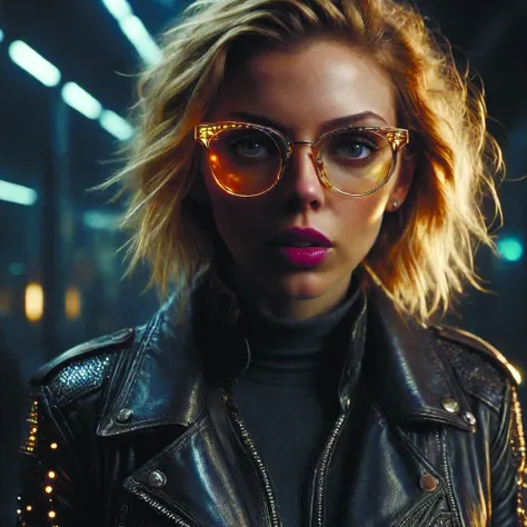 vfx portrait of scarlett johansson an african loner girl wearing thick glasses and leather jacket,cinematic scene,advanced digital art,cyberpunk,lens flare,atmosphere,glow,detailed,intricate,blade runner,cinematic lighting,4k,hyperrealistic,by caravaggio,cyberpukai <lora:CyberPunkAIp:0.8> <lora:add-detail-xl:1.6> <lora:crystalz-sdxl:0.6> Ryoji Ikeda Style <lora:Ryoji Ikeda Style:0.5> teslapunkai <lora:TeslaPunkAIv2p:0.4>