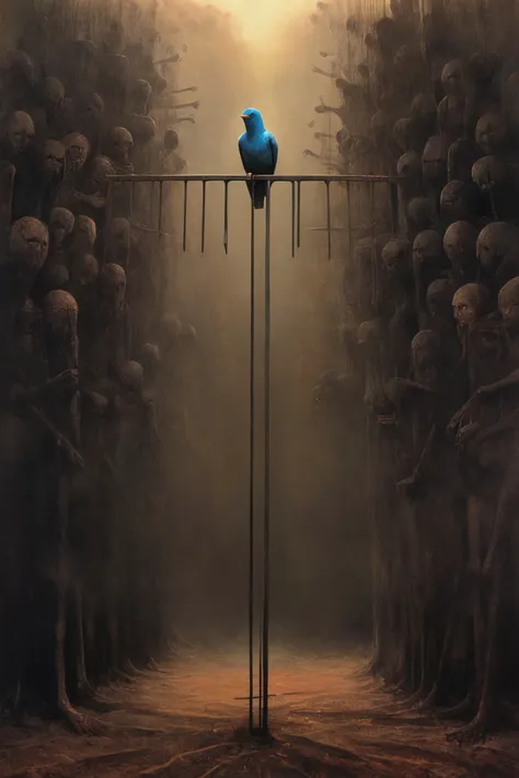 (The caged bird sings with a fearful trill:1.5) , <lora:sdxl_lora_beksinski-000010:.7> digital artwork by Beksinski, <lora:Ryoji Ikeda Style:.7> Ryoji Ikeda Style