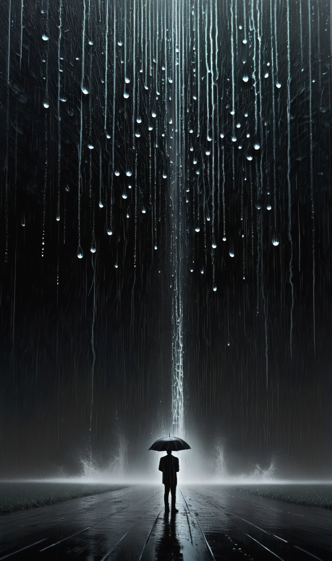 melancholy mistrusting manipulative, Torrential Rain Cascading droplets create a thunderous symphony, in the style of John Martin and Carlos Berlanga, mirrored imagery, <lora:Surreal Harmony:.8> Surreal Harmony, <lora:Ryoji Ikeda Style:.5> Ryoji Ikeda Style, Chiaroscuro
