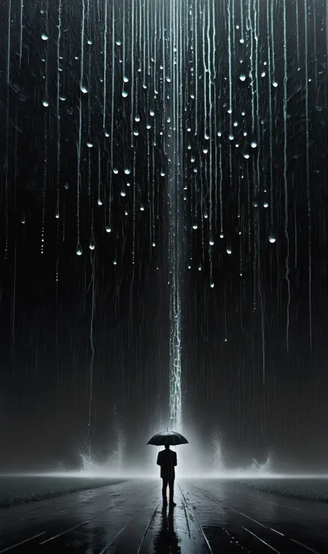melancholy mistrusting manipulative, Torrential Rain Cascading droplets create a thunderous symphony, in the style of John Martin and Carlos Berlanga, mirrored imagery, <lora:Surreal Harmony:.8> Surreal Harmony, <lora:Ryoji Ikeda Style:.5> Ryoji Ikeda Style, Chiaroscuro