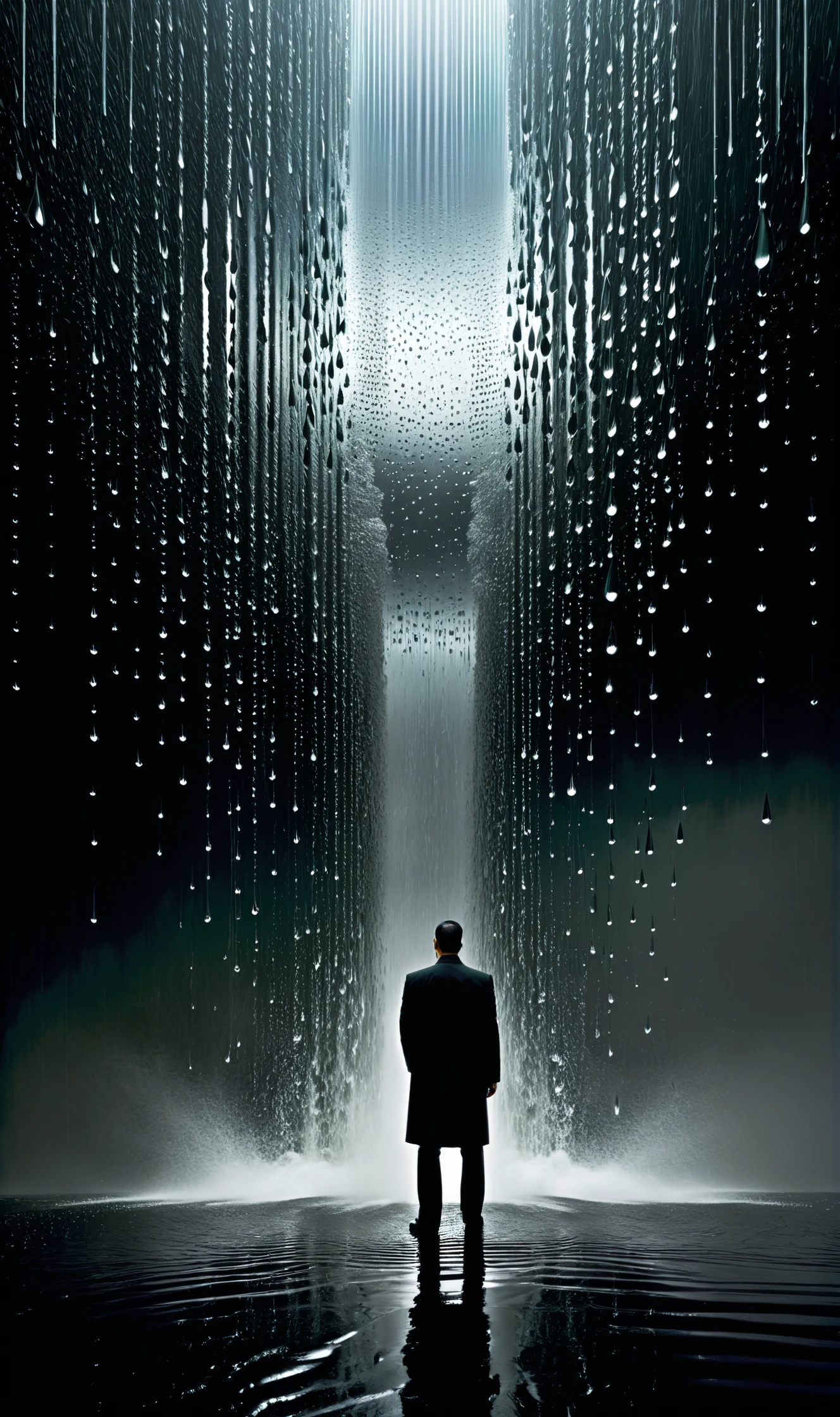 melancholy mistrusting manipulative, Torrential Rain Cascading droplets create a thunderous symphony, in the style of John Martin and Carlos Berlanga, mirrored imagery, <lora:Surreal Harmony:.8> Surreal Harmony, <lora:Ryoji Ikeda Style:.5> Ryoji Ikeda Style, Chiaroscuro