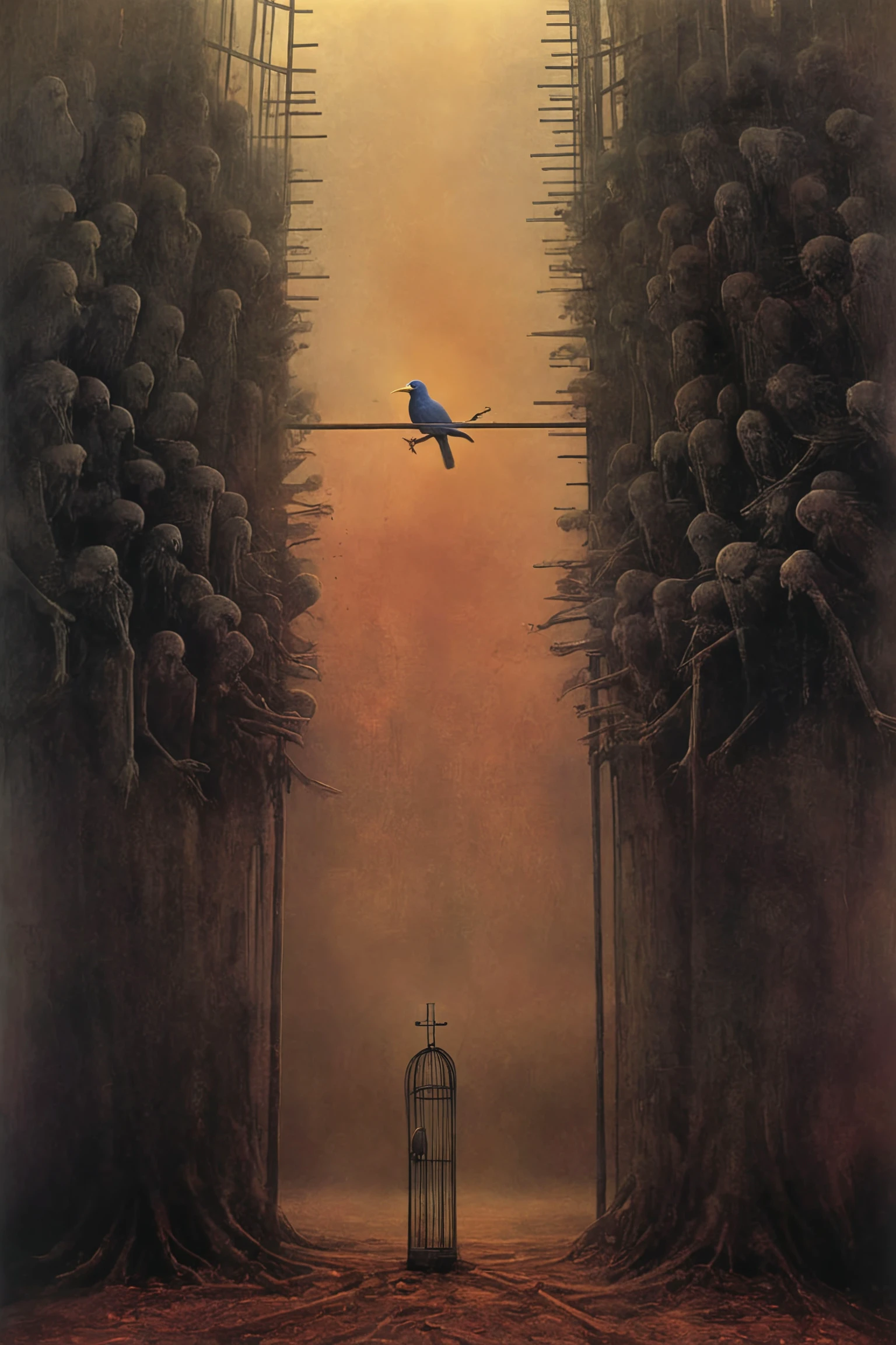 (The caged bird sings with a fearful trill:1.5) , <lora:sdxl_lora_beksinski-000010:.7> digital artwork by Beksinski, <lora:Ryoji Ikeda Style:.7> Ryoji Ikeda Style