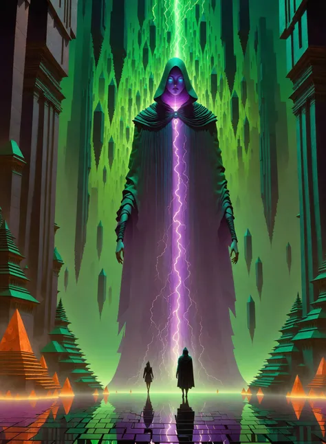 a traveler approaches an oniric statue of a tall cloaked ((goddess)) with a purple face and purple neon clothing who is a guardian of the mist rising from a ((crumbling)) central pillar, bright ((turquoise glowing eyes)), by Andy Kehoe, a gradient masterpiece, green orange, luminism, seamless, sharp ((hexagonal lines)) ((lightning)), cinematic, chiaroscuro, Shadow play, bright splashes of alcohol ink puddles, volumetric light, auras, bright colors reflect, isometric, digital art, smog, 3d render, octane render, volumetrics, by greg rutkowski<lora:Dreamwave_SDXL:1> <lora:Ryoji Ikeda Style:.9> Ryoji Ikeda Style, ((a traveler approaches with extensional dread)),