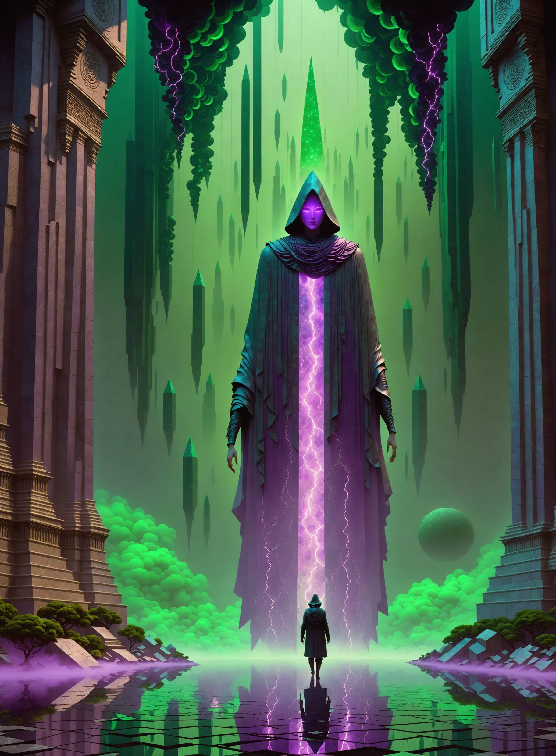 a traveler approaches an oniric statue of a tall cloaked ((goddess)) with a purple face and purple neon clothing who is a guardian of the mist rising from a central pillar, by Andy Kehoe, a gradient masterpiece, green, luminism, seamless, sharp ((hexagonal lines)) ((lightning)), cinematic, chiaroscuro, Shadow play, bright splashes of alcohol ink puddles, volumetric light, auras, bright colors reflect, isometric, digital art, smog, 3d render, octane render, volumetrics, by greg rutkowski<lora:Dreamwave_SDXL:1> <lora:Ryoji Ikeda Style:.9> Ryoji Ikeda Style, ((a traveler approaches with extensional dread)),