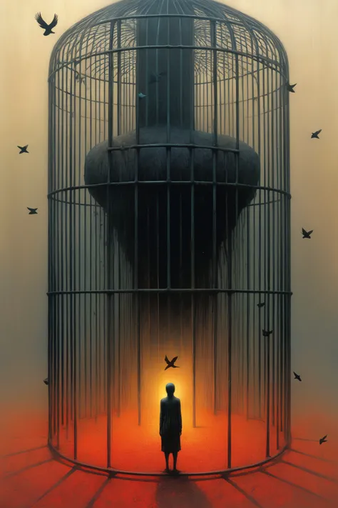 (The caged bird sings with a fearful trill:1.5) ,lora:sdxl_lora_beksinski-000018:.7> digital artwork by Beksinski, <lora:Ryoji Ikeda Style:.7> Ryoji Ikeda Style <