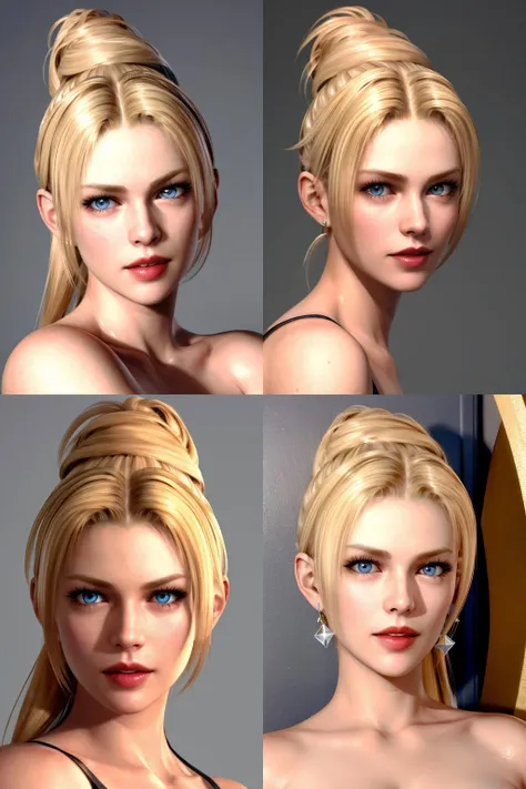 Rotation sheet, Multiple Design, Vista de cuerpo completo, Cara perfecta, ojos verdes, hermosa hembra, Pose de lucha, espalda musculosa femenina, multiple pose, Desnudo completo, (Character Design sheet) piel blanca, pecho perfecto, cabello rizado, pelo muy corto, cabello amarillo, Design sheet