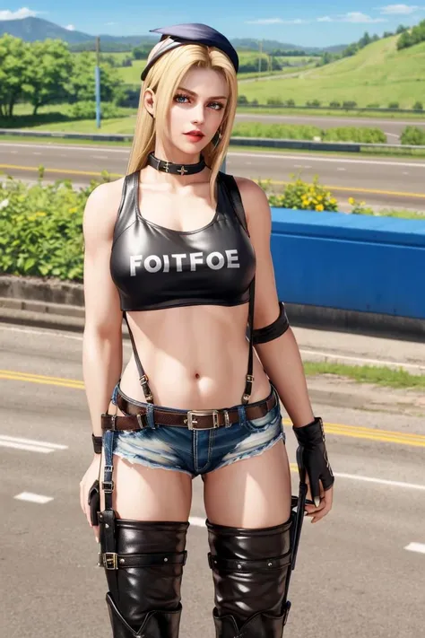 <lora:doa_rachel:0.7> rachel, 1girl, hat, crop top, shorts, panties, thighhigh boots, highway, country road