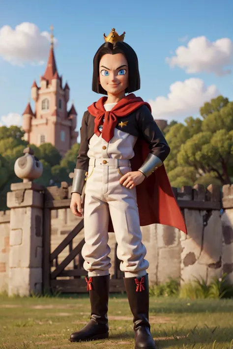 best quality, masterpiece, 8k,,realistic, android 17, full body, detailed, intricate, prince,1boy, looking afar, clean, solo, blue eyes, black hair,(white shirt with buttons),(white pants), (crown:1.2),cape, fur trim,((black boots)), closed mouth, male focus, standing outdoors, castle on the background,sky, clouds ,parted hair,smile