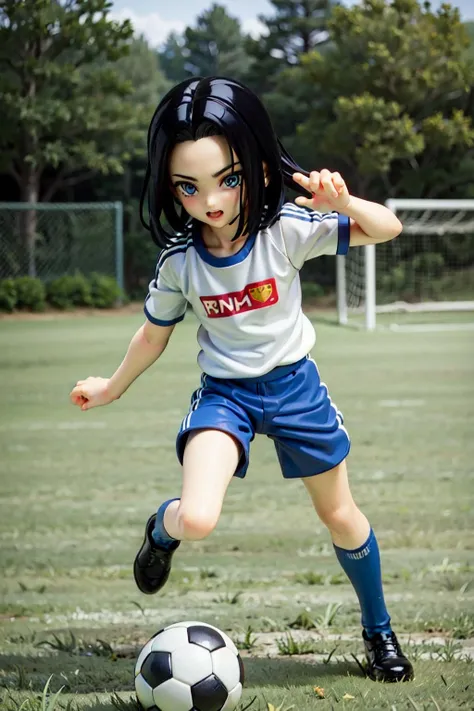 (8k, best quality, masterpiece:1.2), (finely detailed),solo, detailed illustration,intricate,android 17,blue eyes, blue sport shorts,blue t-shirt with a number ,playing soccer, on a grass soccer field,black hair,short hair, parted hair, AS-YoungerV2, full body,(soccer ball)