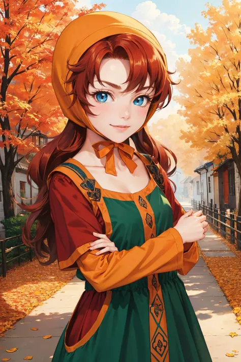 masterpiece, best quality, maribel, red hair, hood, long green dress, orange sleeves, looking at viewer, standing, furrowed brow, smile, upper body, village, autumn <lora:maribel-nvwls-v1-000011:0.9>