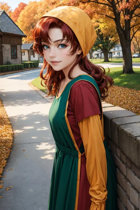 masterpiece, best quality, maribel, red hair, hood, long green dress, long sleeves, cowboy shot, arms down, from side, looking at viewer, standing, smile, (tired:1.2), village, autumn <lora:maribel-nvwls-v1-000011:0.9>