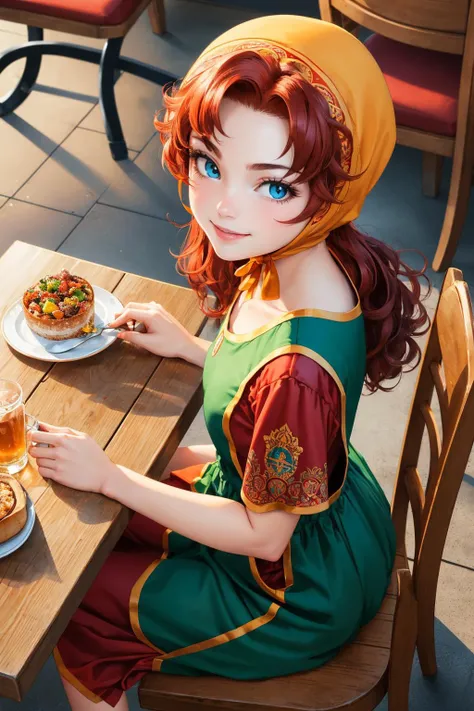 masterpiece, best quality, maribel, red hair, hood, long green dress, short sleeves, tavern, sitting, table, food, chair, looking at viewer, smile, from above <lora:maribel-nvwls-v1-000011:0.9>